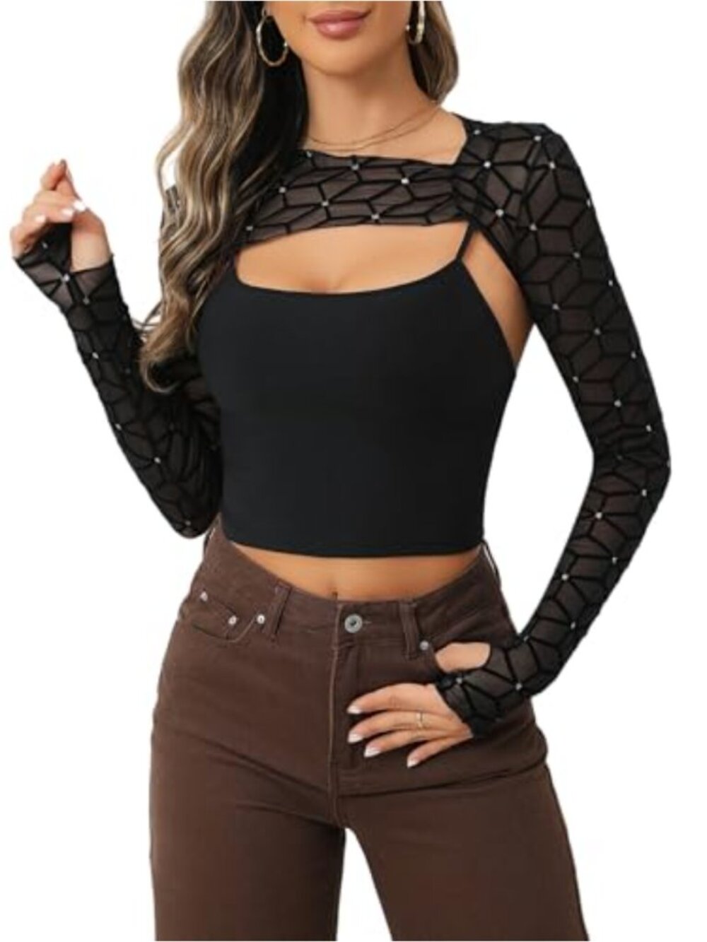 Sheer Mesh Long Sleeve Crop Top 2 Piece Clubwear Set with Thumb Holes